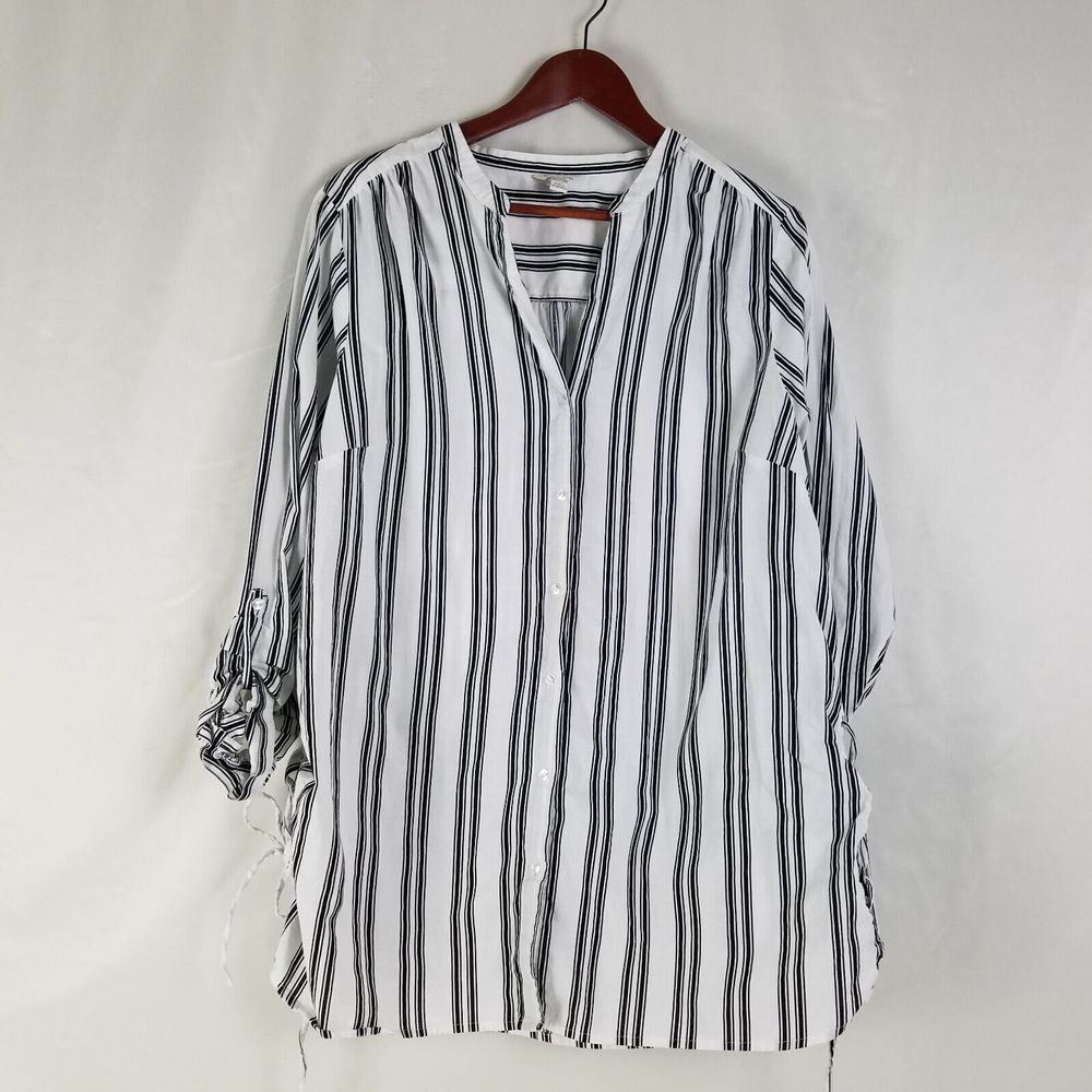 Cato Black and White Vertical Stripe Button-Up Blouse